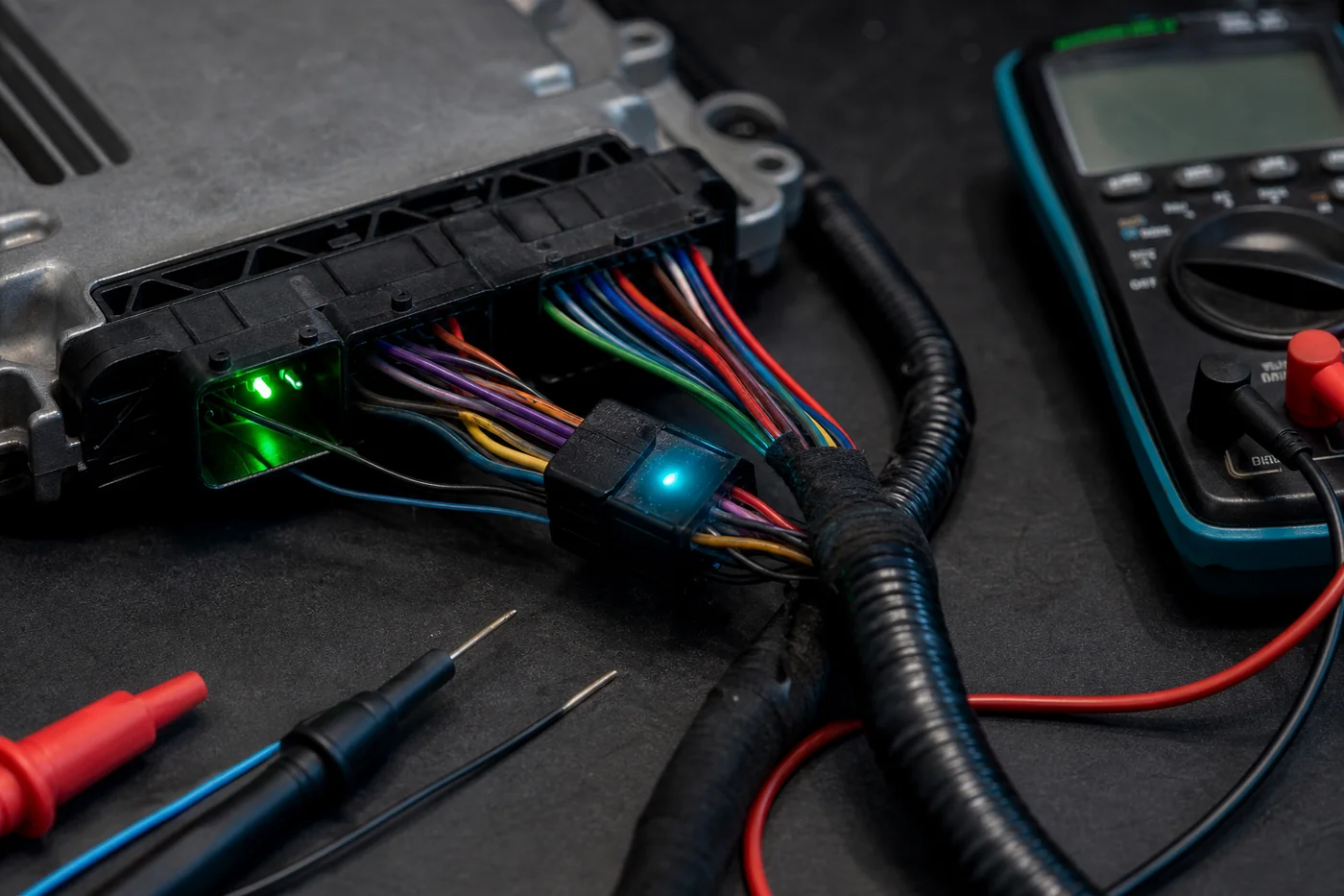 Steuergerät-Verkabelung und Multimeter auf dunklem Werktisch
