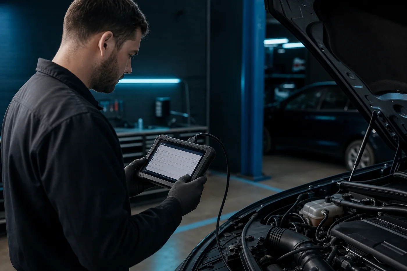 Techniker mit Diagnose-Tablet am Fahrzeug in Servicebereich
